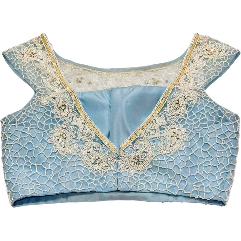 Sherri‎ Hill Beaded Sequin Baby Blue Cropped Satin Low Back Top 10 Prom